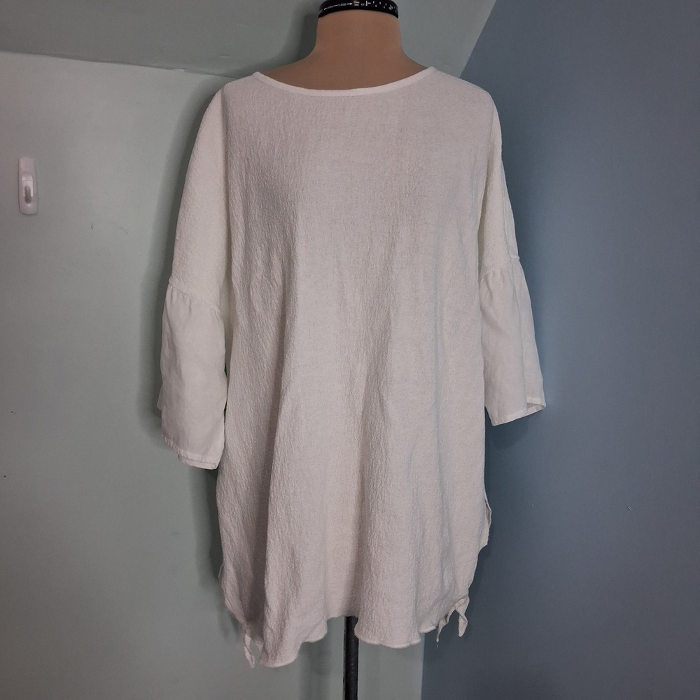 Margaret Winters White Textured Knit Tunic Top Bell Sleeve Tie Hem Lagenlook L